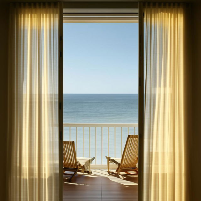 A balcony with an ocean view and two sun chairs, viewed from indoors with a soft blowing curtain. Architectural photography.