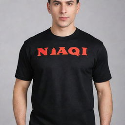 A black t-shirt with the name 'Naqi' prominently displayed in bold, vibrant red letters.