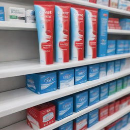 Generate a point of sale visual for the Crest toothpaste brand, featuring shelf talkers, posters, and recipe booklets in supermarkets and on the street, highlighting the colors blue, red, and white