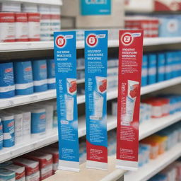 Generate a point of sale visual for the Crest toothpaste brand, featuring shelf talkers, posters, and recipe booklets in supermarkets and on the street, highlighting the colors blue, red, and white