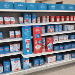 Generate a point of sale visual for the Crest toothpaste brand, featuring shelf talkers, posters, and recipe booklets in supermarkets and on the street, highlighting the colors blue, red, and white