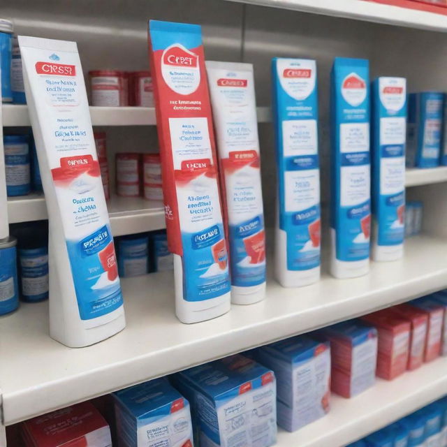 Generate a point of sale visual for the Crest toothpaste brand, featuring shelf talkers, posters, and recipe booklets in supermarkets and on the street, highlighting the colors blue, red, and white