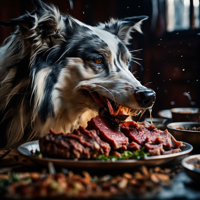 A cinematic photograph of a border collie dog intensely eating meat, capturing raw emotion