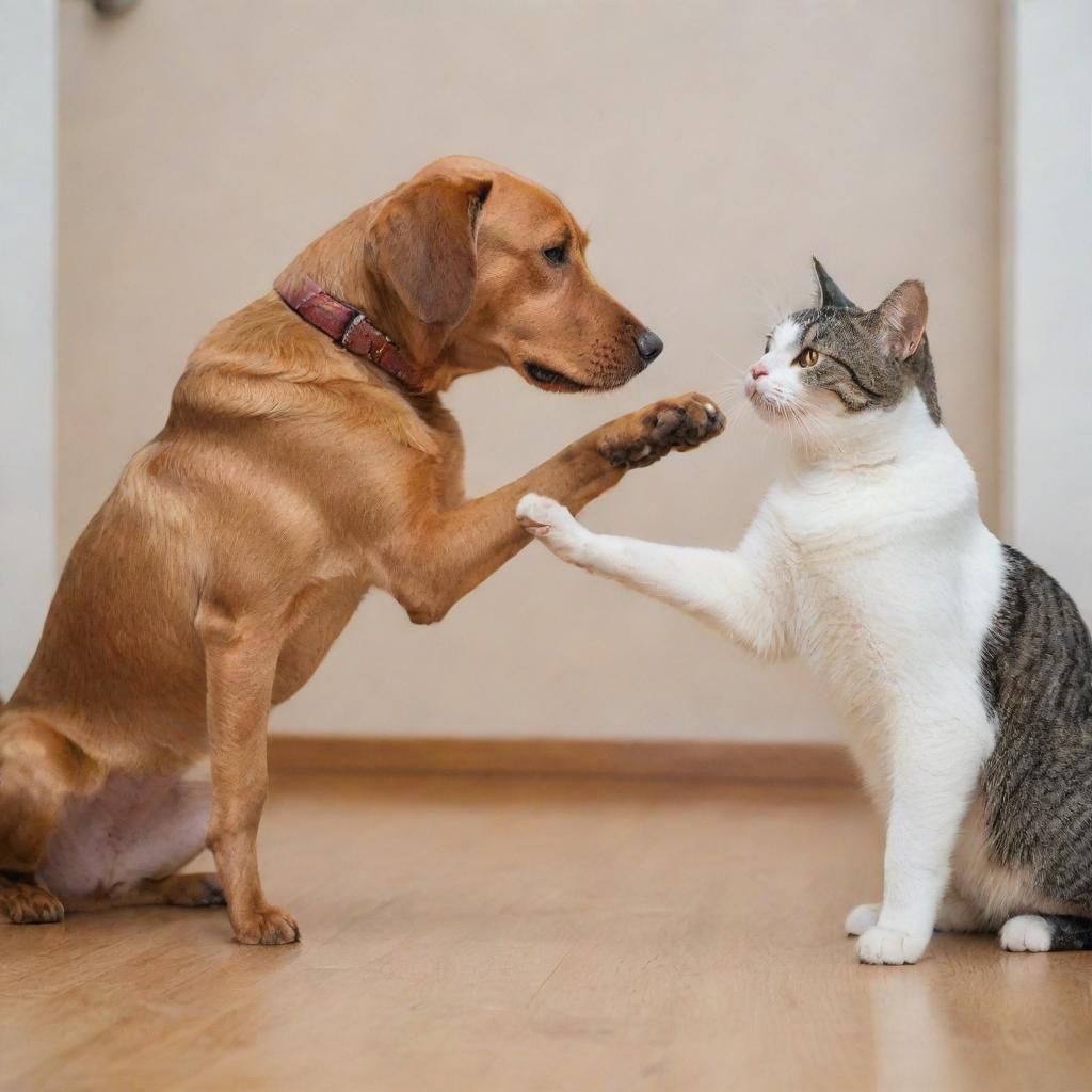 A playful dog and a charming cat interacting in a friendly environment.