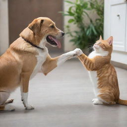 A playful dog and a charming cat interacting in a friendly environment.