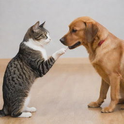 A playful dog and a charming cat interacting in a friendly environment.