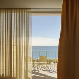 A balcony with an ocean view and two sun chairs, viewed from indoors with a soft blowing curtain. Architectural photography.