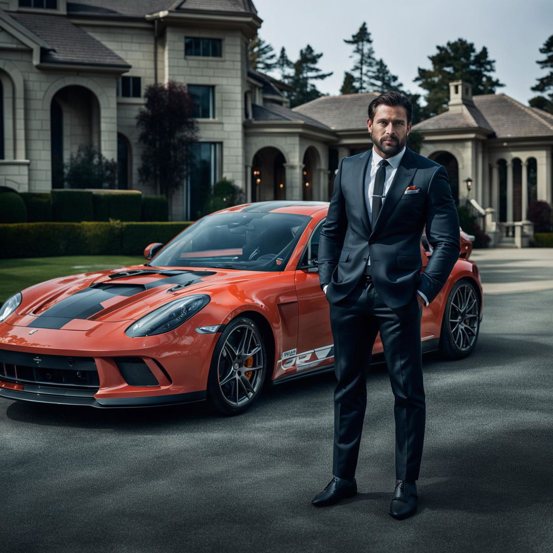 A muscular man with poor posture, in a chic entrepreneur outfit, standing beside a GT3 RS in the driveway of a luxury mansion.