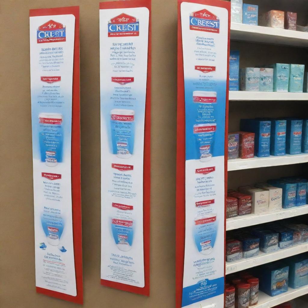 Create a striking point of purchase visual for Crest toothpaste, encompassing shelf talkers, posters, recipe booklets, danglers, island markets, and danglers floors, prominently using blue, red and white