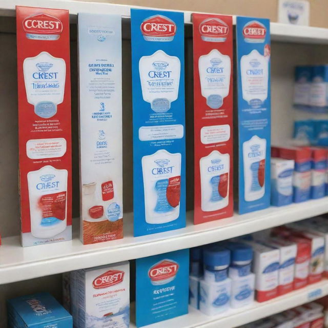 Create a striking point of purchase visual for Crest toothpaste, encompassing shelf talkers, posters, recipe booklets, danglers, island markets, and danglers floors, prominently using blue, red and white