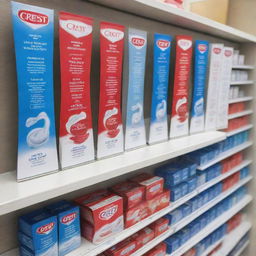 Create a striking point of purchase visual for Crest toothpaste, encompassing shelf talkers, posters, recipe booklets, danglers, island markets, and danglers floors, prominently using blue, red and white