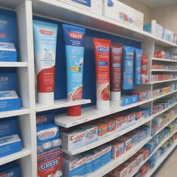 Create a striking point of purchase visual for Crest toothpaste, encompassing shelf talkers, posters, recipe booklets, danglers, island markets, and danglers floors, prominently using blue, red and white