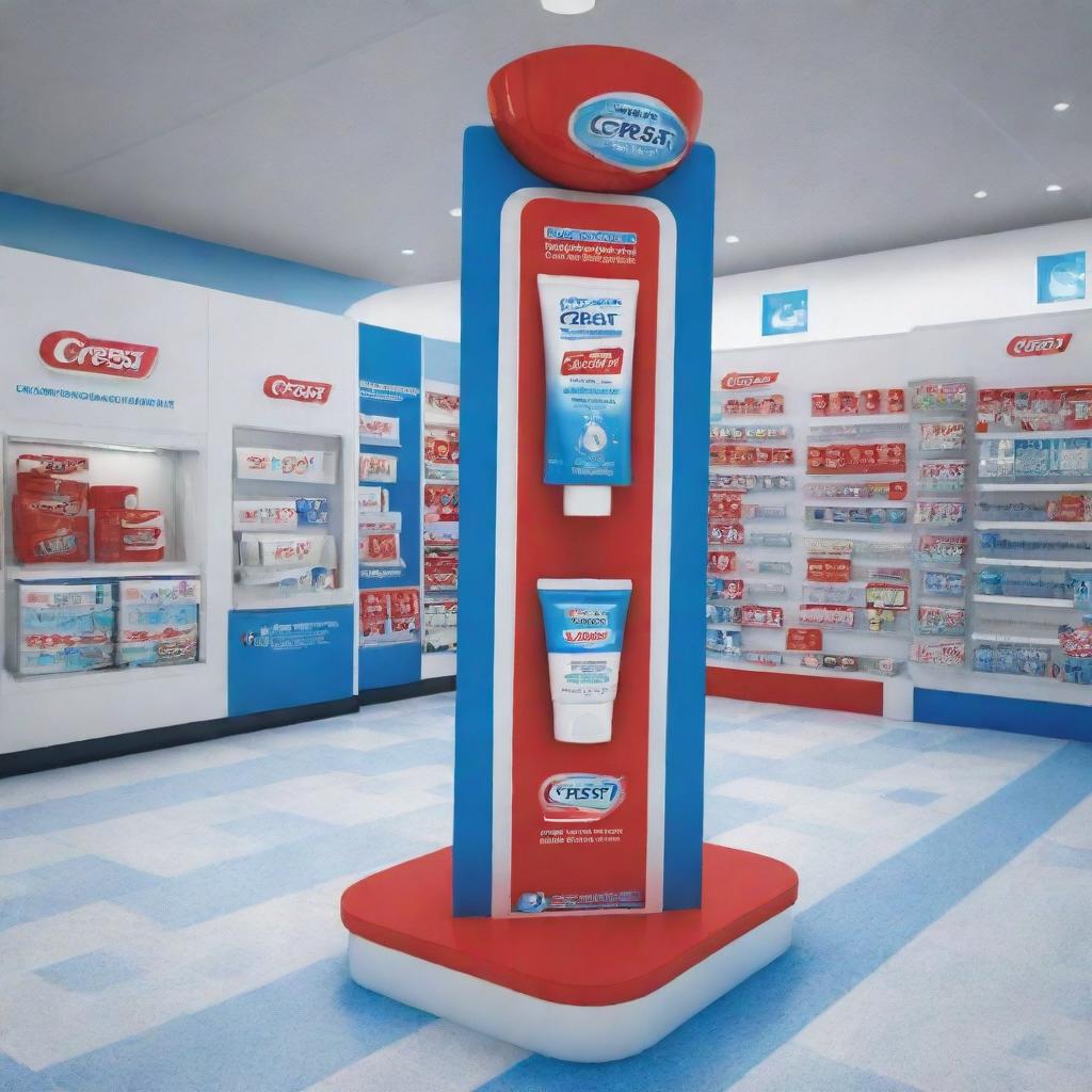 Design a point of purchase display for Crest toothpaste in the colors blue, red, and white including an exhibitor with a QR code and danglers on the floor