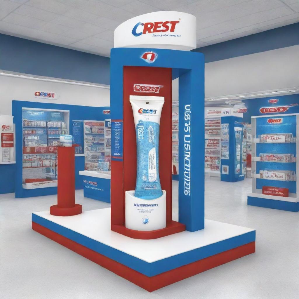 Design a point of purchase display for Crest toothpaste in the colors blue, red, and white including an exhibitor with a QR code and danglers on the floor