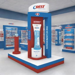 Design a point of purchase display for Crest toothpaste in the colors blue, red, and white including an exhibitor with a QR code and danglers on the floor