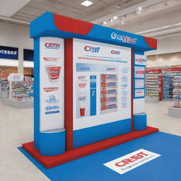 Design a point of purchase display for Crest toothpaste in the colors blue, red, and white including an exhibitor with a QR code and danglers on the floor