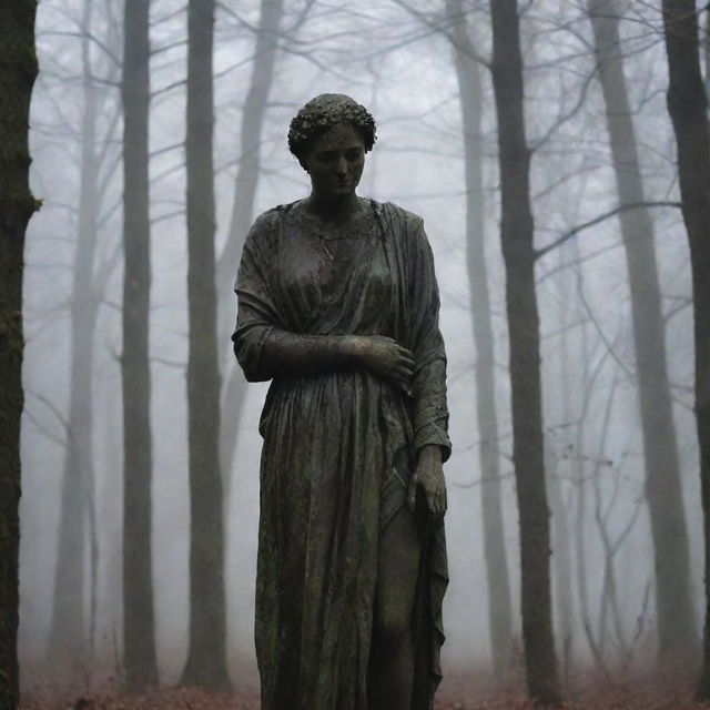 A melancholy statue, worn with time and weather, stands alone in the midst of a dark, impenetrable forest. The eerie silence is only broken by the occasional rustling of leaves.