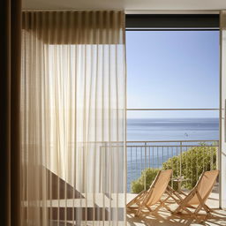 A balcony with an ocean view and two sun chairs, viewed from indoors with a soft blowing curtain. Architectural photography.