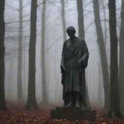 A melancholy statue, worn with time and weather, stands alone in the midst of a dark, impenetrable forest. The eerie silence is only broken by the occasional rustling of leaves.