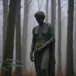 A melancholy statue, worn with time and weather, stands alone in the midst of a dark, impenetrable forest. The eerie silence is only broken by the occasional rustling of leaves.