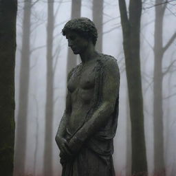 A melancholy statue, worn with time and weather, stands alone in the midst of a dark, impenetrable forest. The eerie silence is only broken by the occasional rustling of leaves.