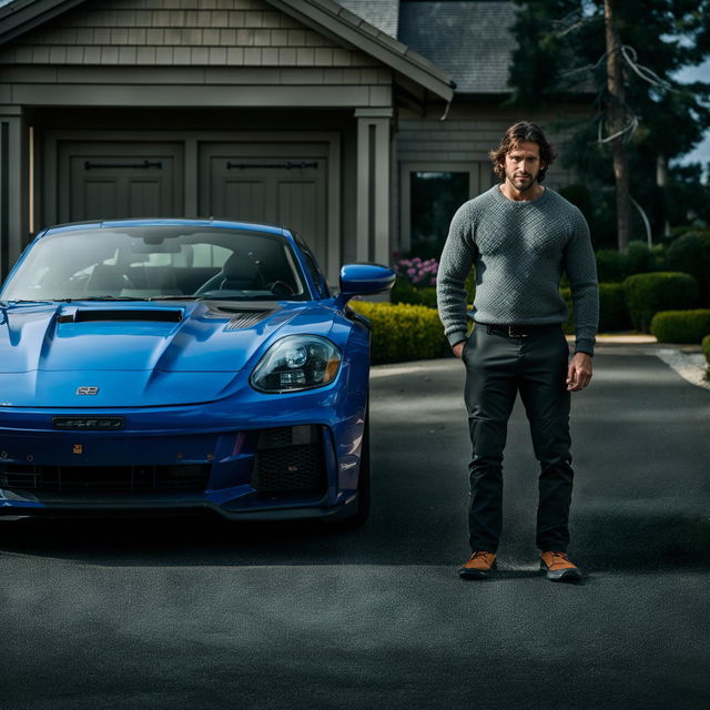 A muscular man with poor posture, dressed in semi-formal casual attire featuring a Patagonia sweater, standing beside a GT3 RS in the driveway of a luxury mansion.