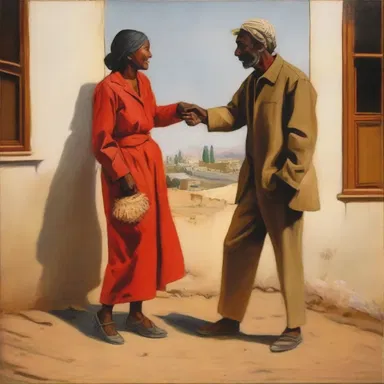 The painting depicts a scene of friendly interaction between two people.