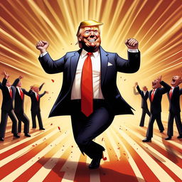 A caricature of Donald Trump enthusiastically dancing to the YMCA song, displaying joyful energy and movement.