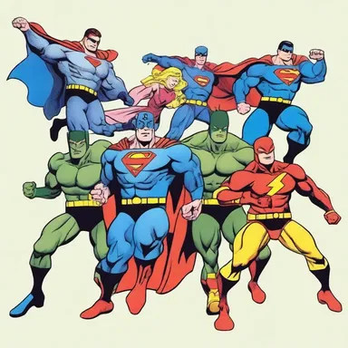 The superheroes in the comic book form a team of friendly troops and fight against evil forces.