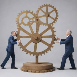 A symbolic representation of the impact of politics on the economy. Visualize political figures manipulating levers and gears that influence a machine representing the economy.