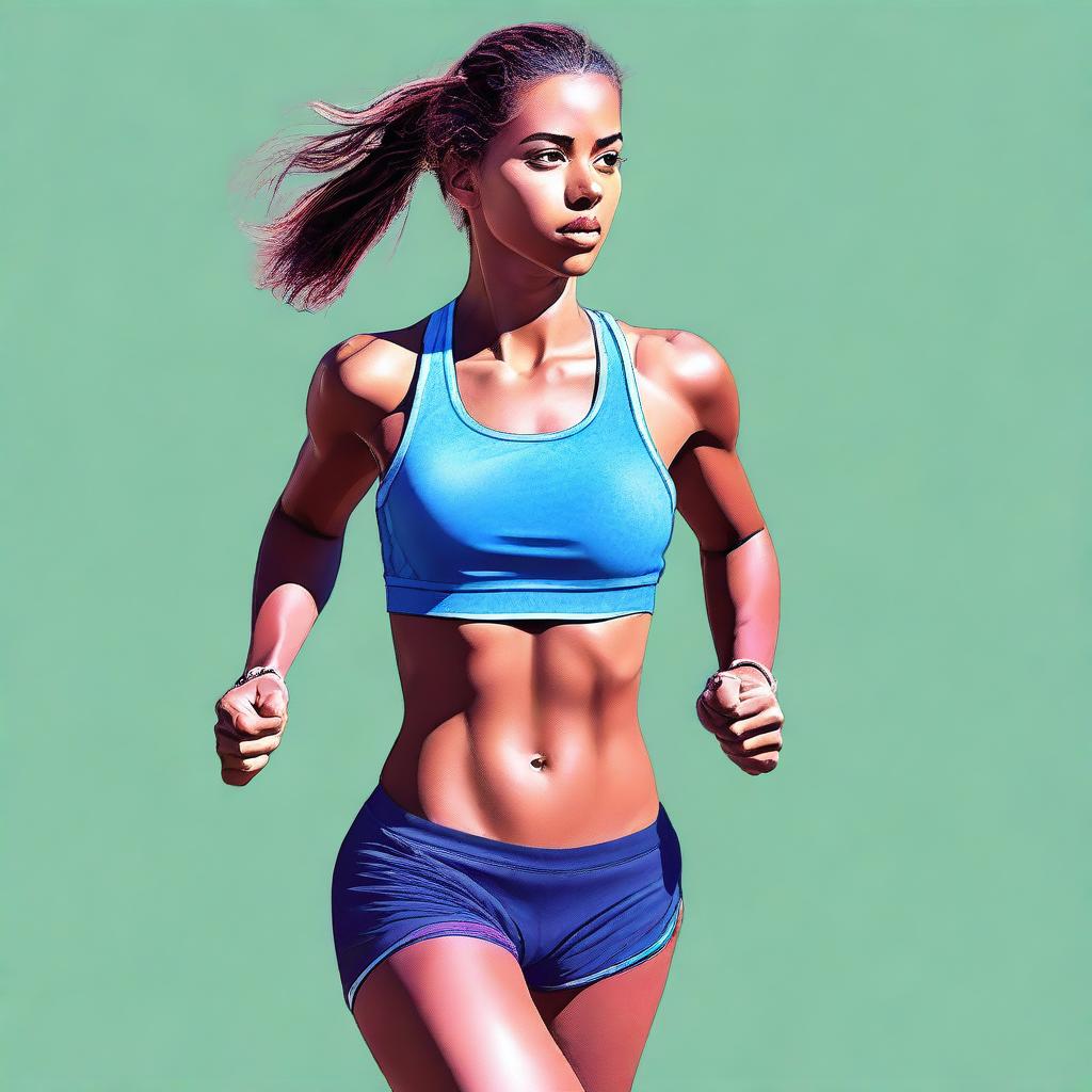 A digital art piece of a young woman, tastefully depicted in a sports bra and running shorts