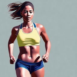 A digital art piece of a young woman, tastefully depicted in a sports bra and running shorts