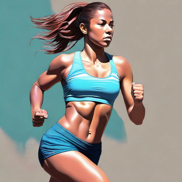 A digital art piece of a young woman, tastefully depicted in a sports bra and running shorts