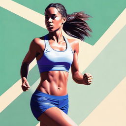 A digital art piece of a young woman, tastefully depicted in a sports bra and running shorts