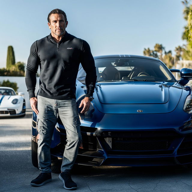 A muscular man in entrepreneur outfit including a Patagonia quarter-zip sweater, standing next to a GT3 RS outside his home in Calabasas.