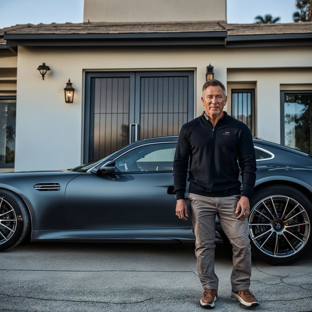 A muscular man in a Patagonia quarter-zip sweater, conveying the essence of a startup entrepreneur, standing next to a sleek Porsche 911, situated at a luxurious home in Calabasas.