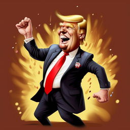 A caricature of Donald Trump enthusiastically dancing to the YMCA song, displaying joyful energy and movement.