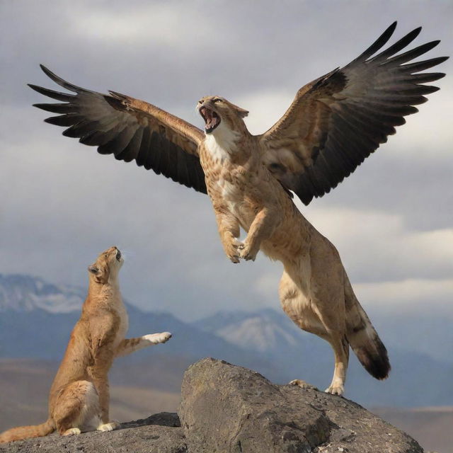 A spectacular scene of a unique winged cat, similar to an eagle, gripping a miniature man gently between its teeth. The cougar should portray strength yet carefulness, whilst the man appears nonchalant.