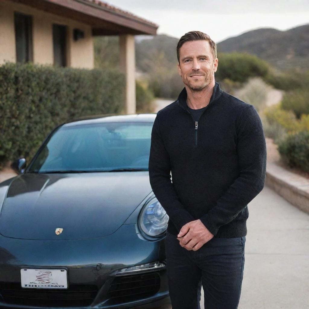 A muscular man dressed in startup entrepreneur attire, including a Patagonia quarter-zip sweater, standing next to a Porsche 911 at his home in Calabasas.