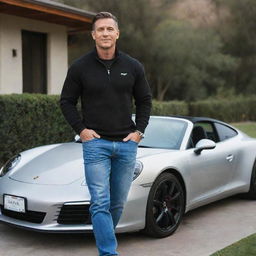 A muscular man dressed in startup entrepreneur attire, including a Patagonia quarter-zip sweater, standing next to a Porsche 911 at his home in Calabasas.