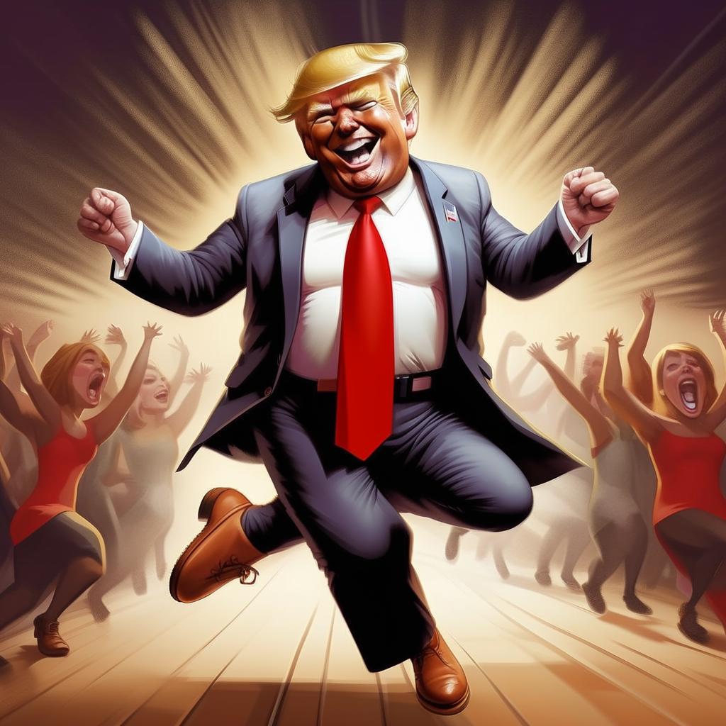 A caricature of Donald Trump enthusiastically dancing to the YMCA song, displaying joyful energy and movement.