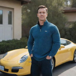 A muscular man dressed in startup entrepreneur attire, including a Patagonia quarter-zip sweater, standing next to a Porsche 911 at his home in Calabasas.