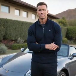 A muscular man dressed in startup entrepreneur attire, including a Patagonia quarter-zip sweater, standing next to a Porsche 911 at his home in Calabasas.