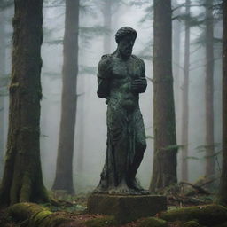 A stoic statue, immersed in the obscurity of a dense forest, clutches a severed head in its stony grip. The aura is heavy with an unspoken story, instilling an air of mystery.