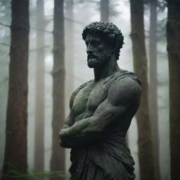 A stoic statue, immersed in the obscurity of a dense forest, clutches a severed head in its stony grip. The aura is heavy with an unspoken story, instilling an air of mystery.