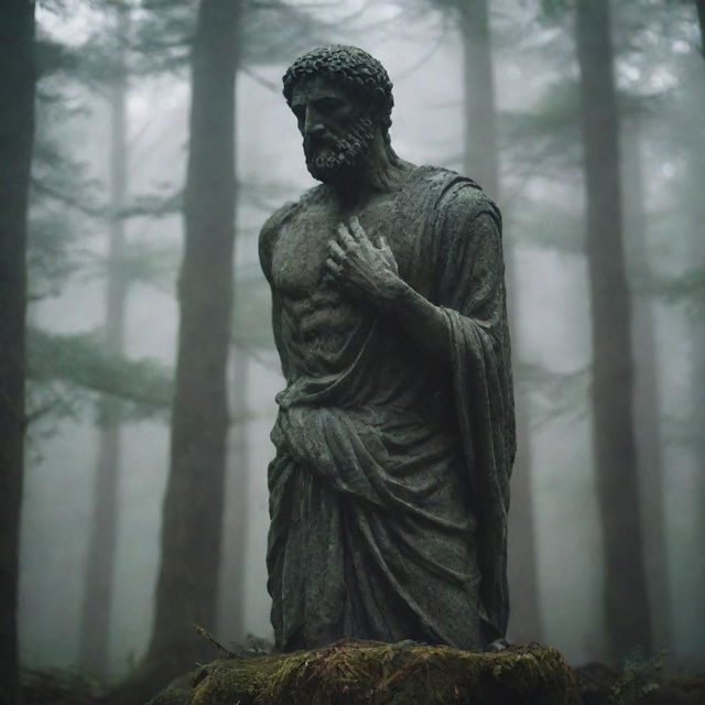 A stoic statue, immersed in the obscurity of a dense forest, clutches a severed head in its stony grip. The aura is heavy with an unspoken story, instilling an air of mystery.