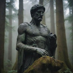 A stoic statue, immersed in the obscurity of a dense forest, clutches a severed head in its stony grip. The aura is heavy with an unspoken story, instilling an air of mystery.