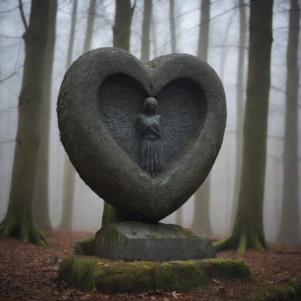 Enveloped by the shadowy forest, a sorrowful statue with the symbol of Insomnium etched deeply into its stone heart stands solitary. Its expression mirrors the haunting tranquillity of the nocturnal woodland.