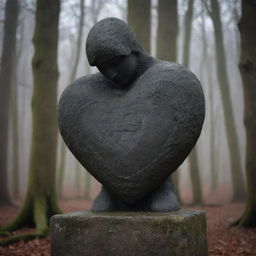 Enveloped by the shadowy forest, a sorrowful statue with the symbol of Insomnium etched deeply into its stone heart stands solitary. Its expression mirrors the haunting tranquillity of the nocturnal woodland.