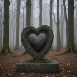 Enveloped by the shadowy forest, a sorrowful statue with the symbol of Insomnium etched deeply into its stone heart stands solitary. Its expression mirrors the haunting tranquillity of the nocturnal woodland.